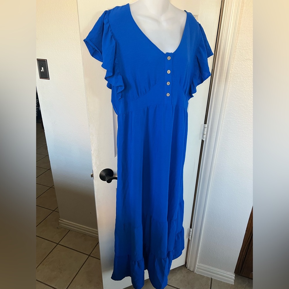 Bright Blue Ruffled Sleeve Maxi Dress - Picture 2 of 11